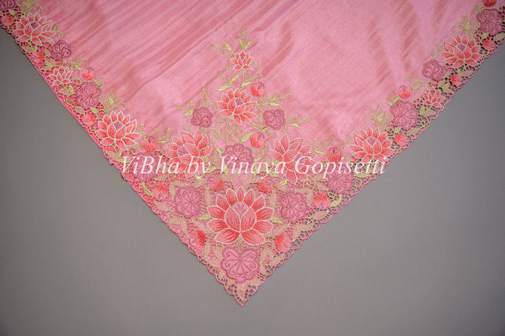 Pink Dola Silk Cut Work Embroidered Saree And Blouse