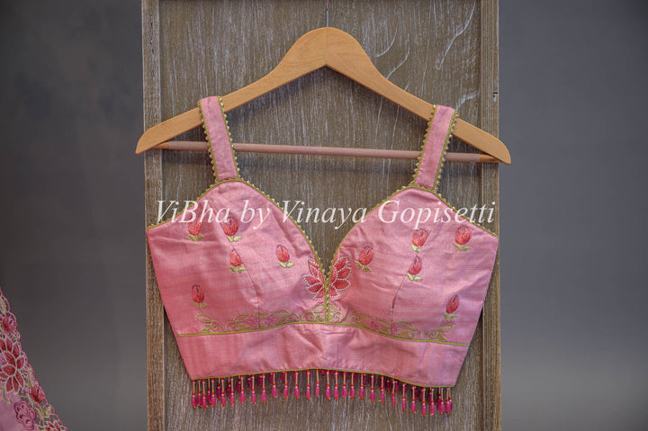 Pink Dola Silk Cut Work Embroidered Saree And Blouse