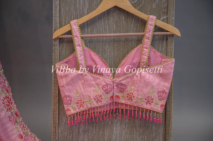 Pink Dola Silk Cut Work Embroidered Saree And Blouse