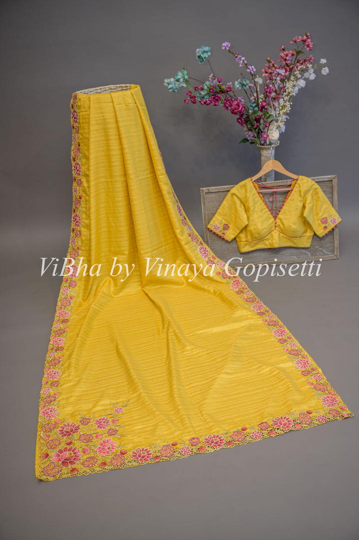 Yellow Dola Silk Cut Work Embroidered Saree And Blouse