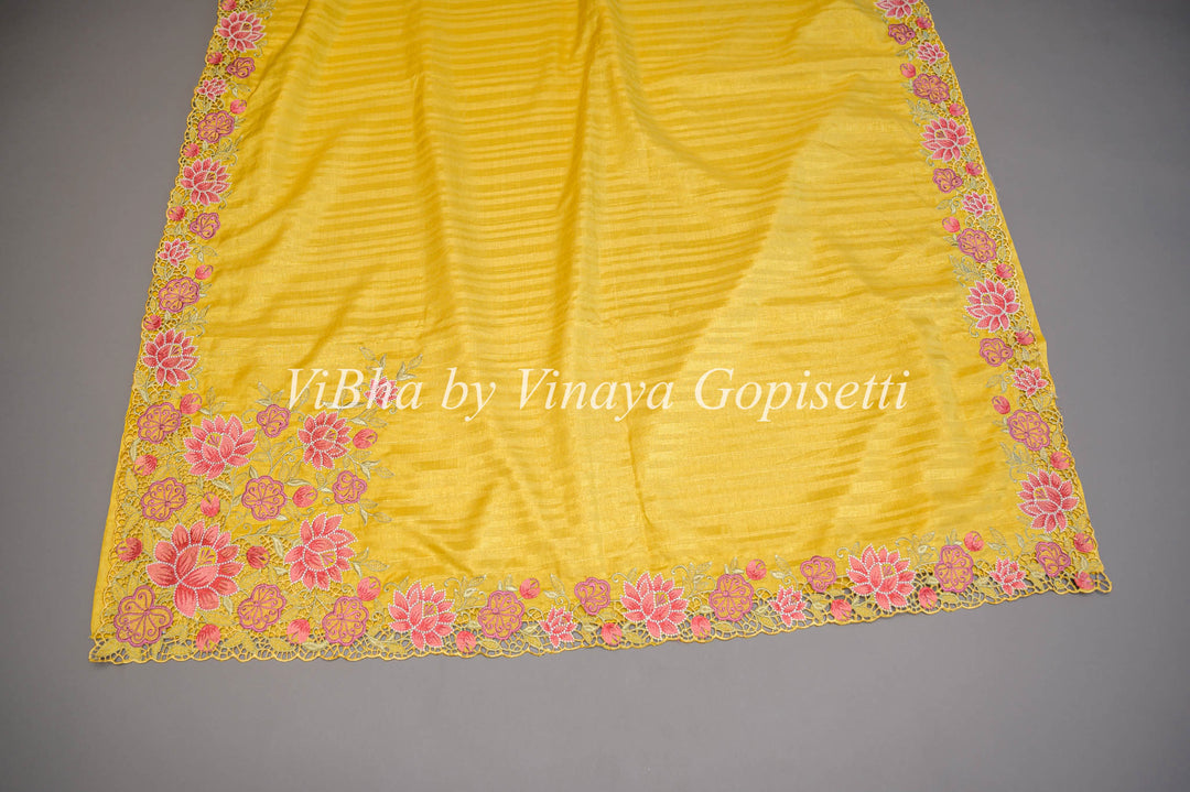 Yellow Dola Silk Cut Work Embroidered Saree And Blouse