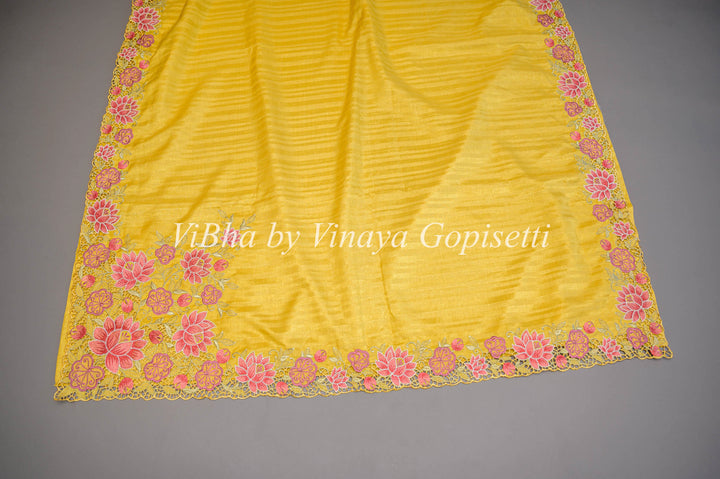 Yellow Dola Silk Cut Work Embroidered Saree And Blouse