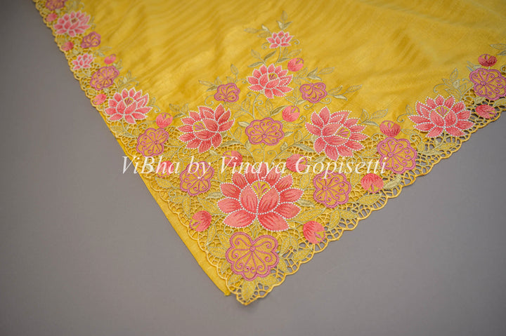 Yellow Dola Silk Cut Work Embroidered Saree And Blouse