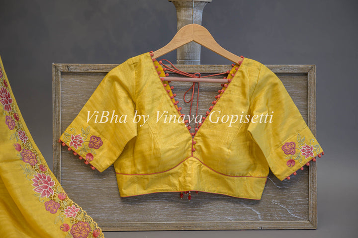 Yellow Dola Silk Cut Work Embroidered Saree And Blouse