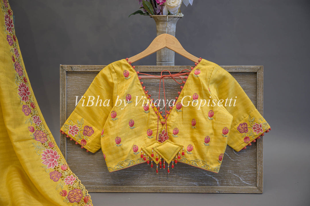 Yellow Dola Silk Cut Work Embroidered Saree And Blouse