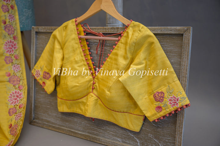 Yellow Dola Silk Cut Work Embroidered Saree And Blouse