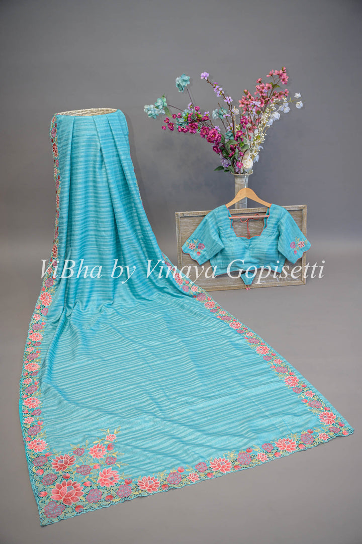 Blue Dola Silk Cut Work Embroidered Saree And Blouse