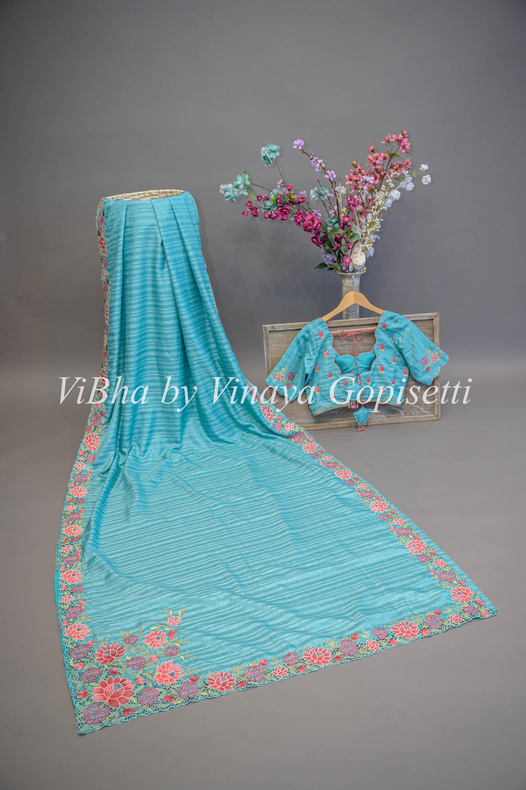 Blue Dola Silk Cut Work Embroidered Saree And Blouse