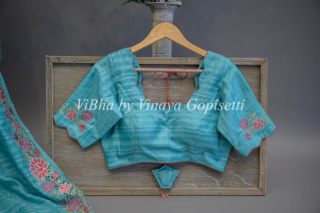 Blue Dola Silk Cut Work Embroidered Saree And Blouse