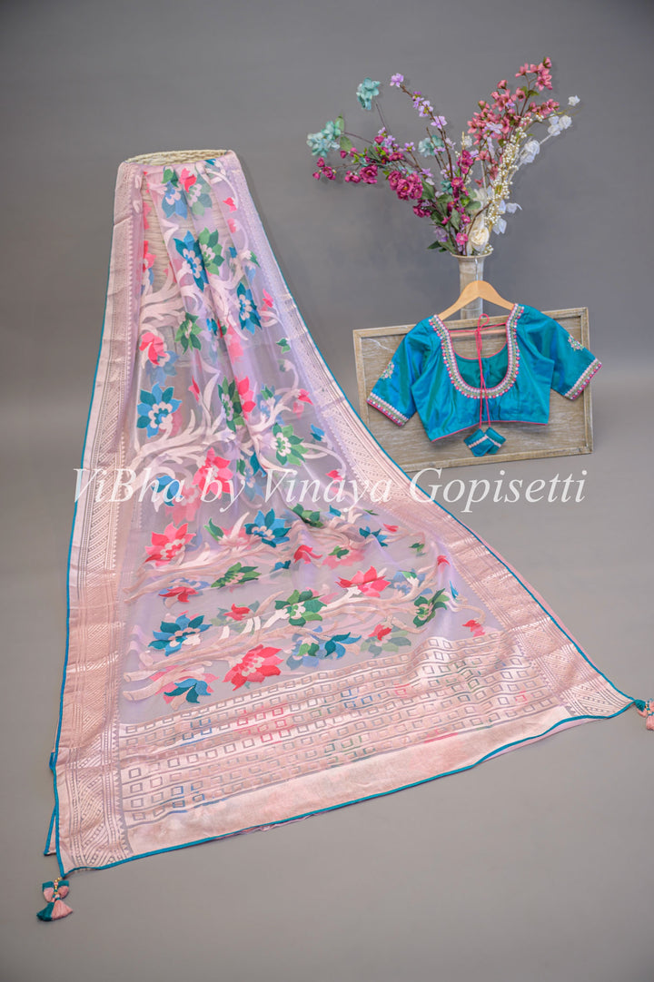 Pink Organza Embroidered Saree and Blouse