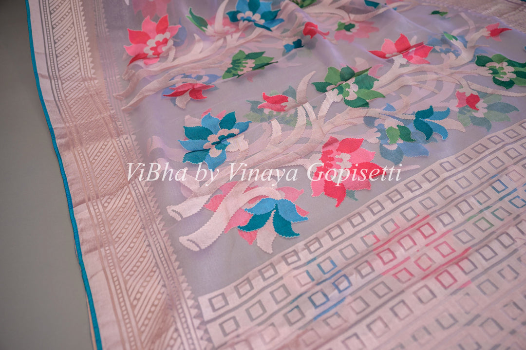 Pink Organza Embroidered Saree and Blouse