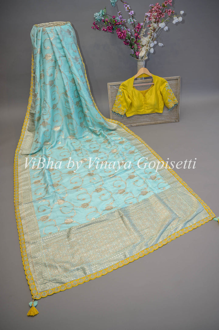 Pastel Blue And Green Banarasi SIlk Embroidered Saree and Blouse