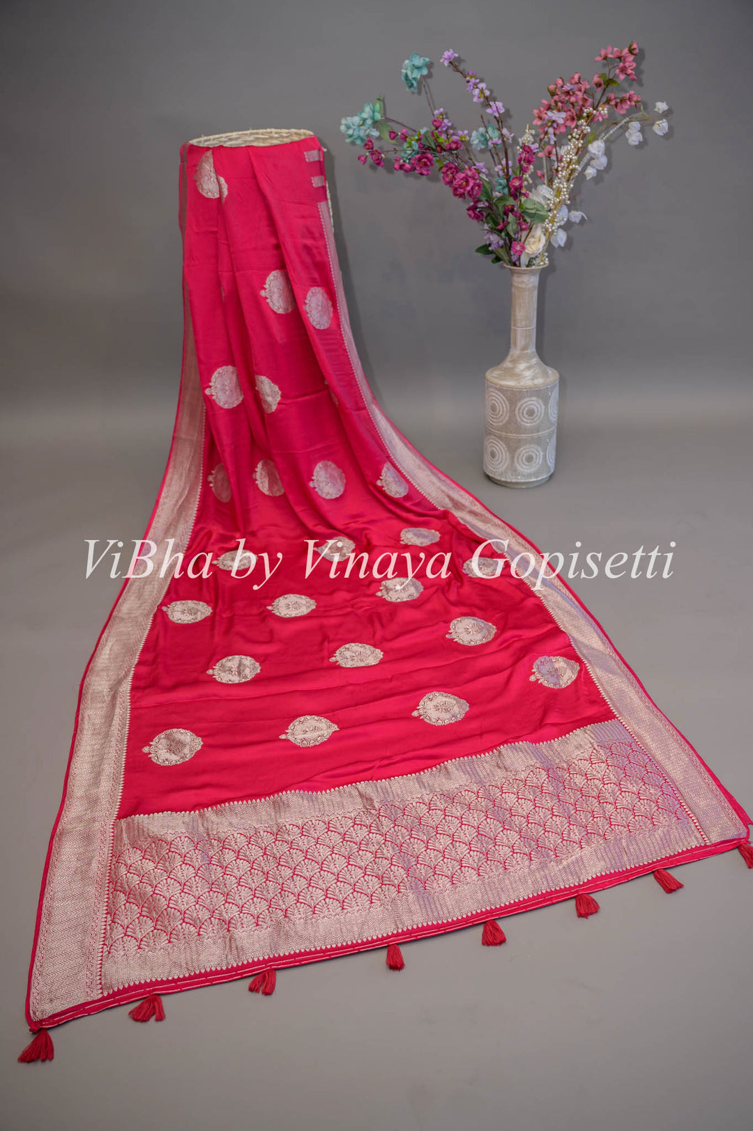 Pink Banarasi Silk Saree and Blouse With Silver Zari Motifs And Borders