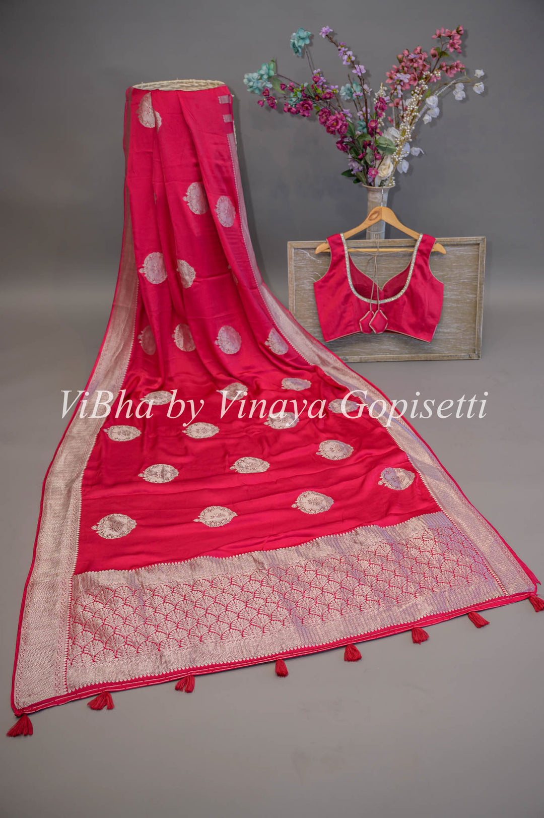 Pink Banarasi Silk Saree and Blouse With Silver Zari Motifs And Borders