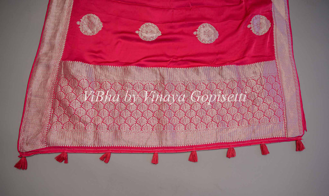 Pink Banarasi Silk Saree and Blouse With Silver Zari Motifs And Borders