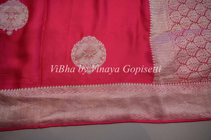 Pink Banarasi Silk Saree and Blouse With Silver Zari Motifs And Borders