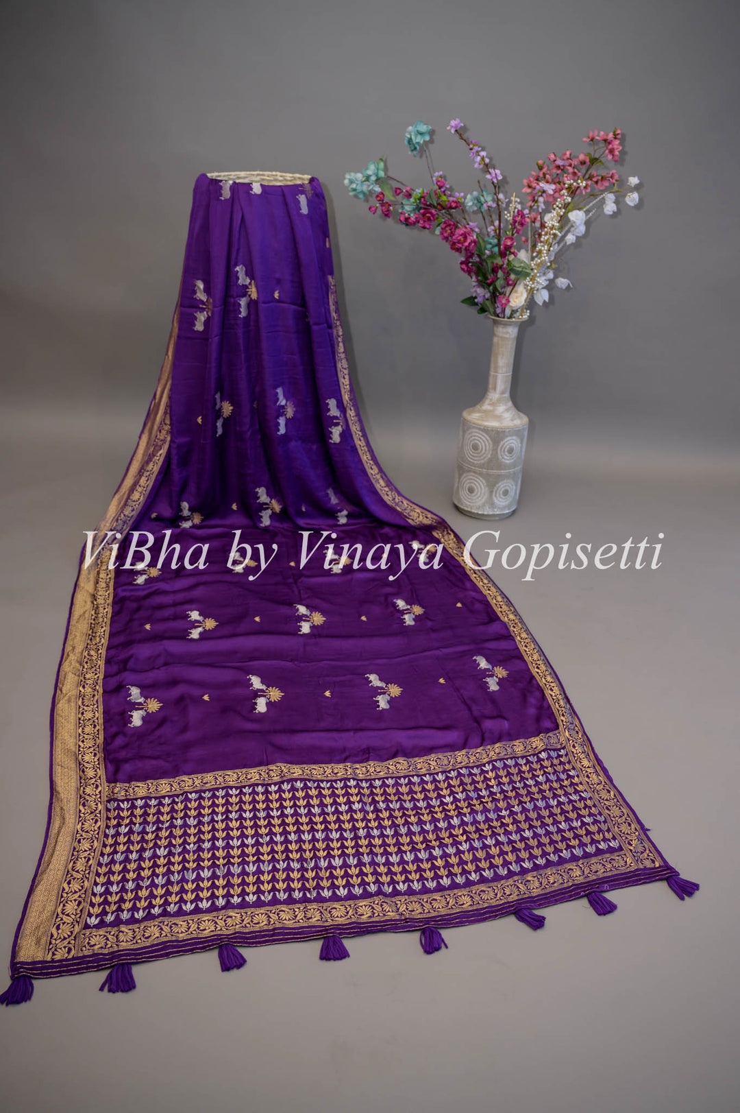 Purple Banarasi Silk Saree And Blouse With Pichwai Motifs