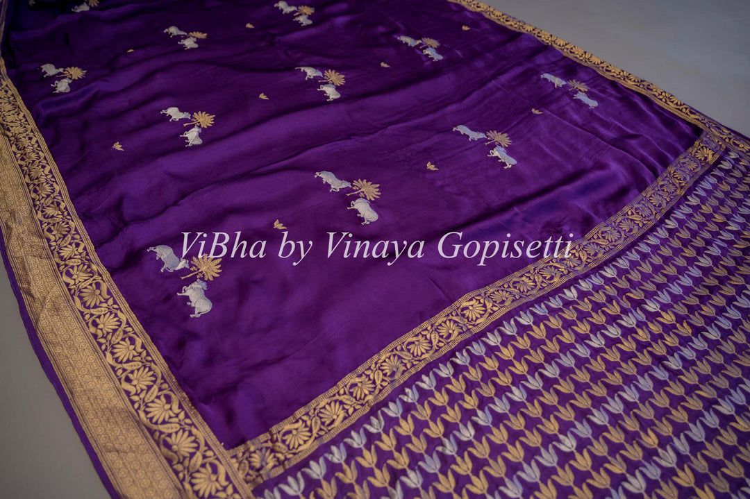 Purple Banarasi Silk Saree And Blouse With Pichwai Motifs