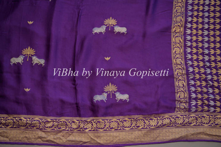 Purple Banarasi Silk Saree And Blouse With Pichwai Motifs