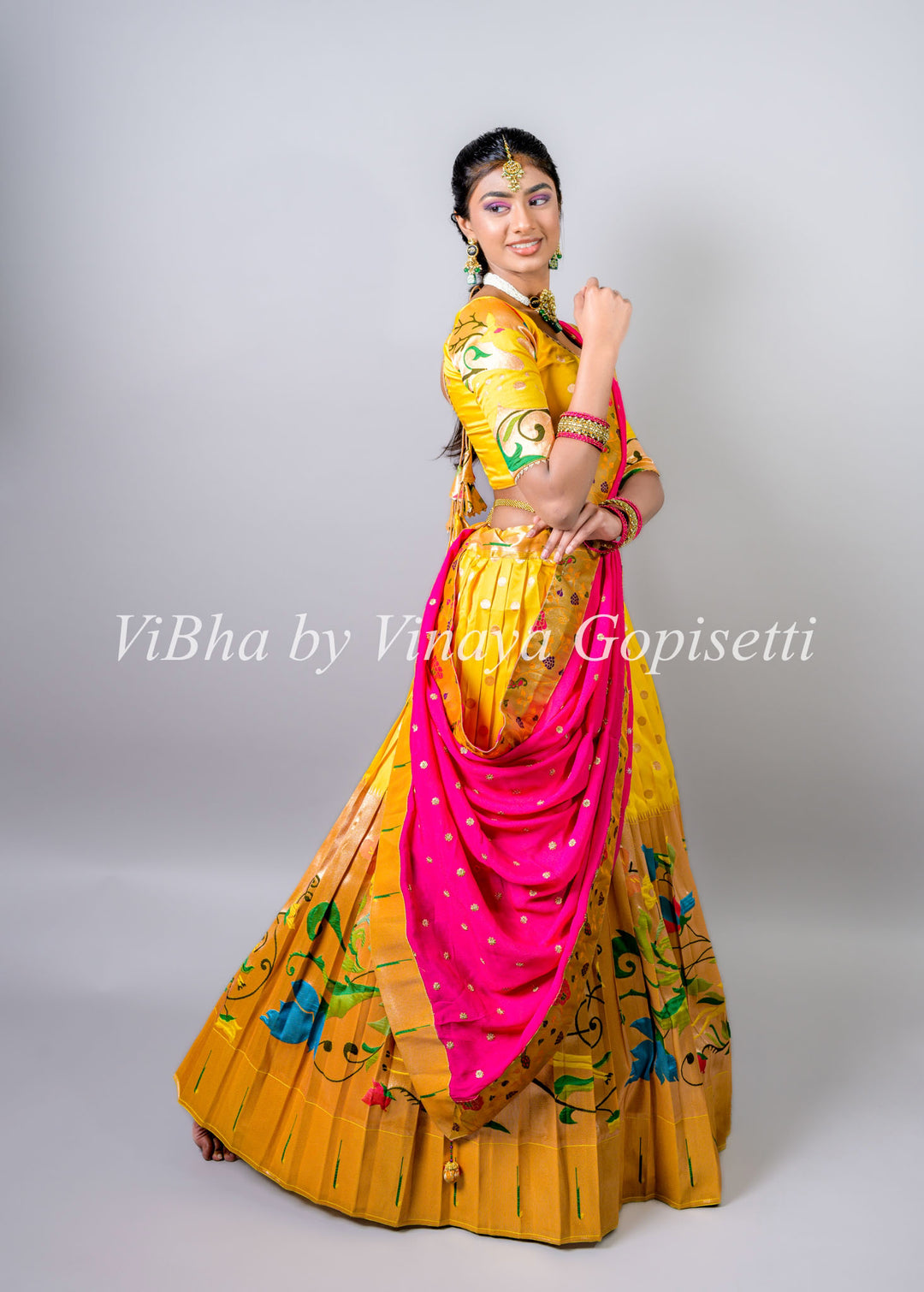 Yellow and Pink Paithani Silk Lehenga