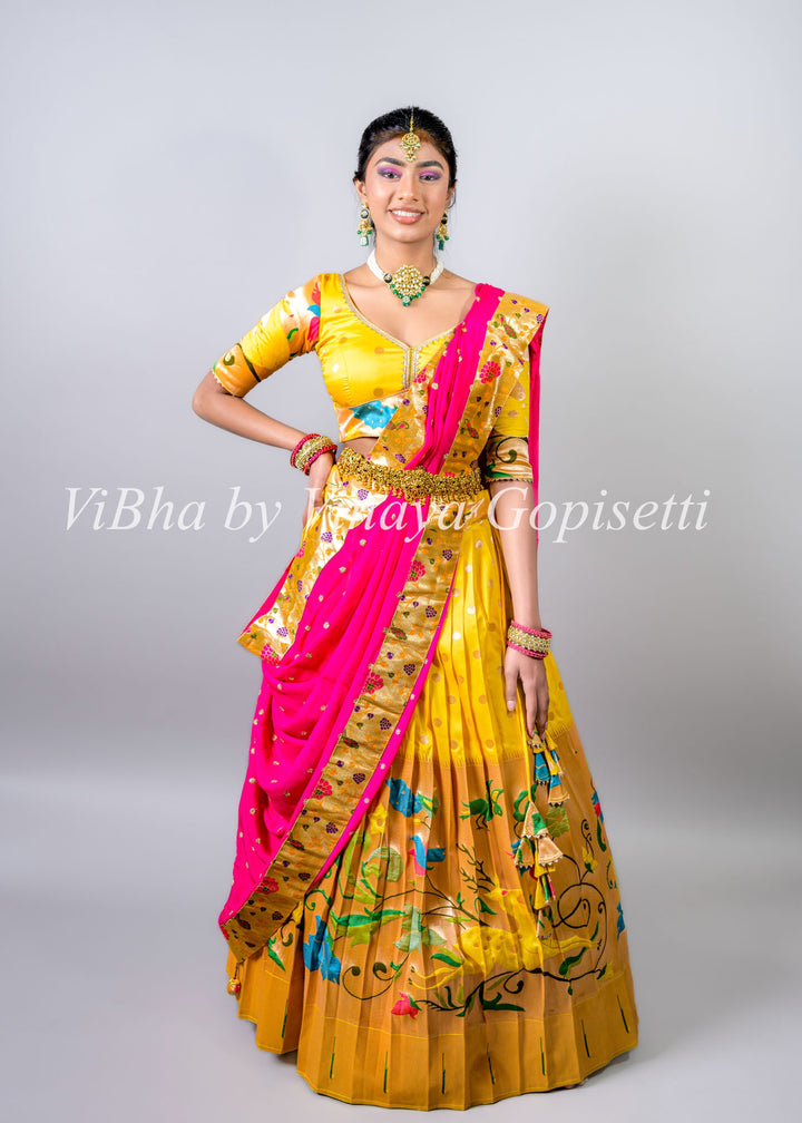 Yellow and Pink Paithani Silk Lehenga