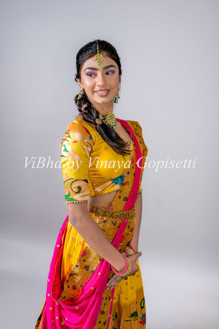 Yellow and Pink Paithani Silk Lehenga