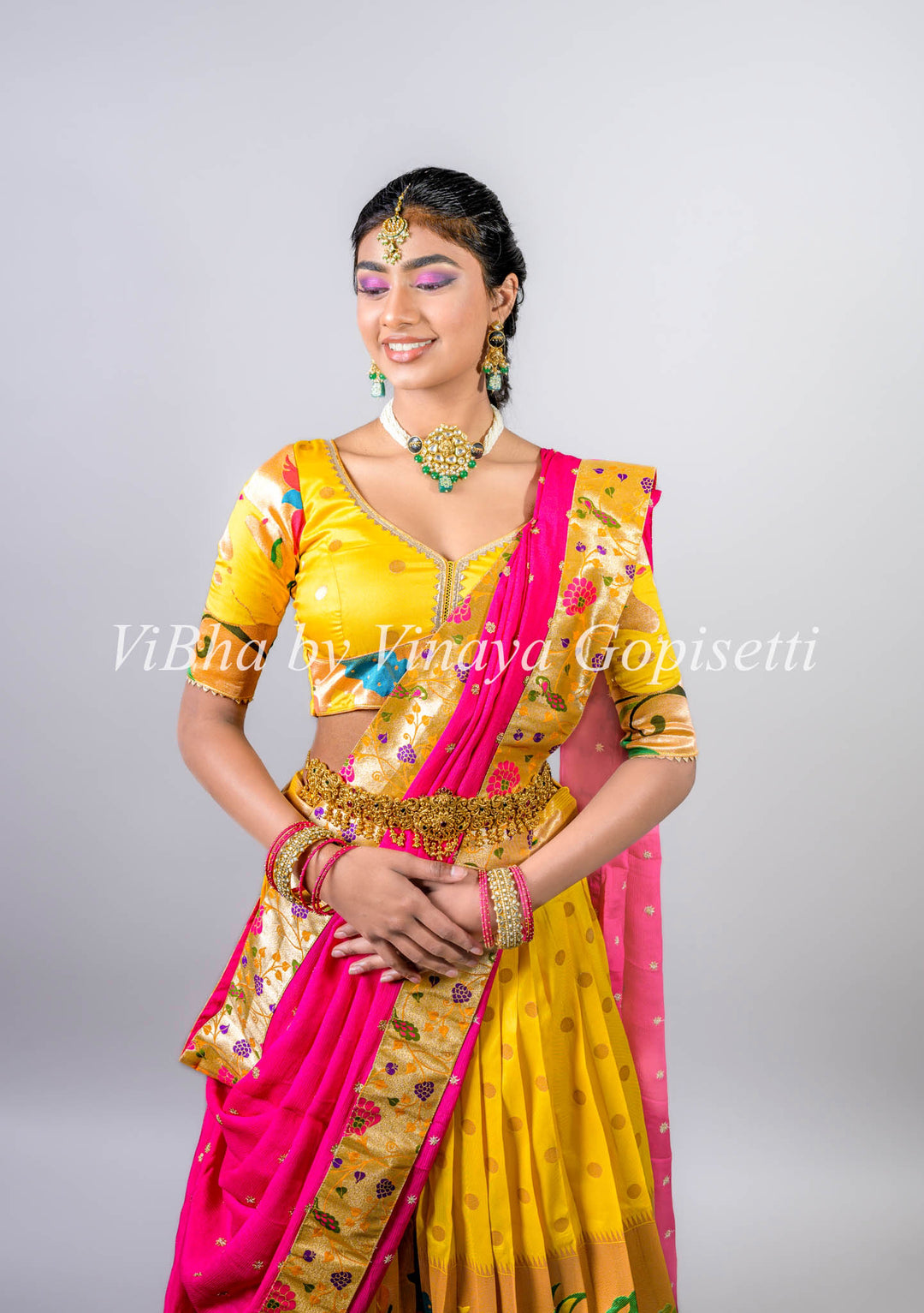 Yellow and Pink Paithani Silk Lehenga