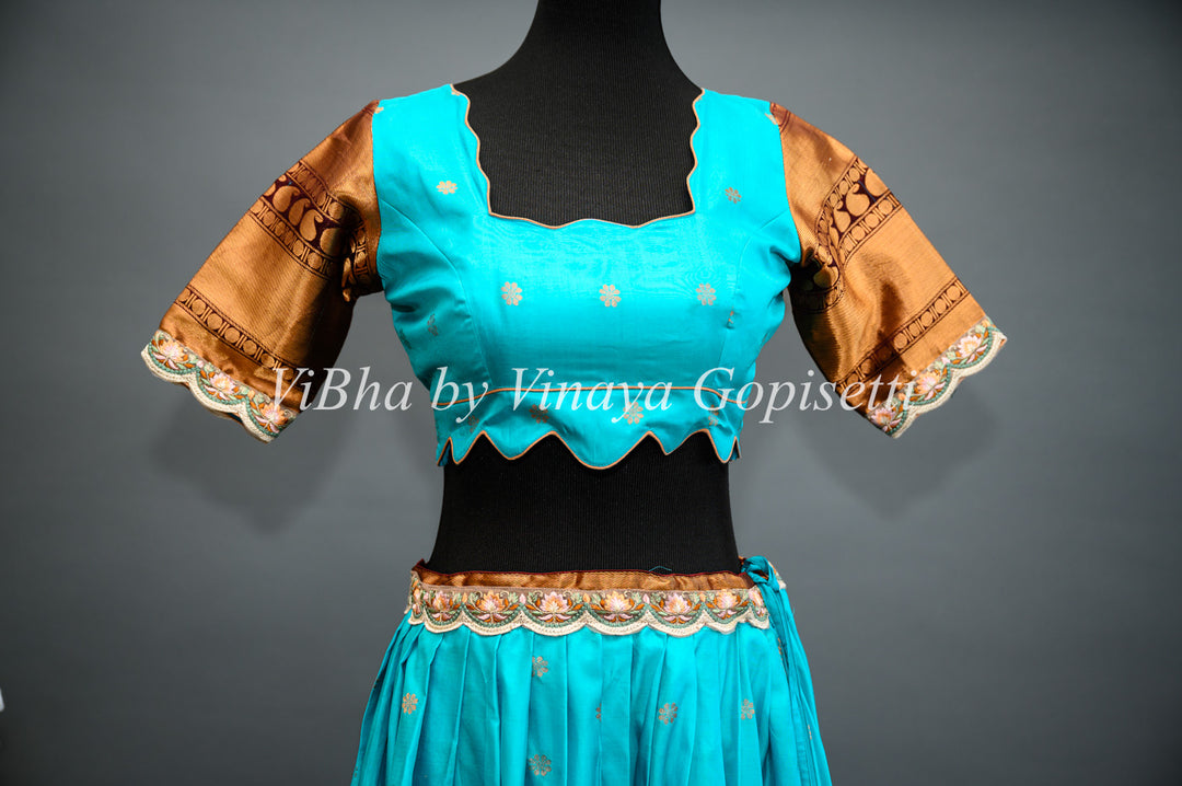 Dark Sky Blue and Brown Gadwal Silk Lehenga with Embroidered Borders And Peach Net Embroidered  Dupatta