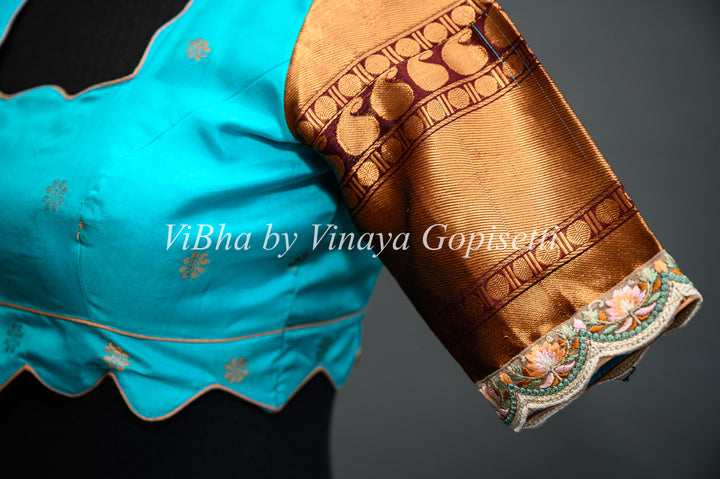 Dark Sky Blue and Brown Gadwal Silk Lehenga with Embroidered Borders And Peach Net Embroidered  Dupatta