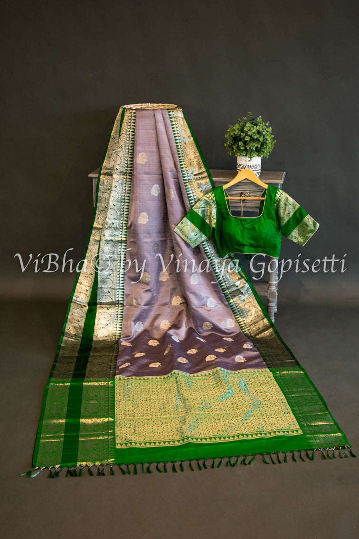 Gray and Green Combination Venkatagiri Silk Saree And Blouse