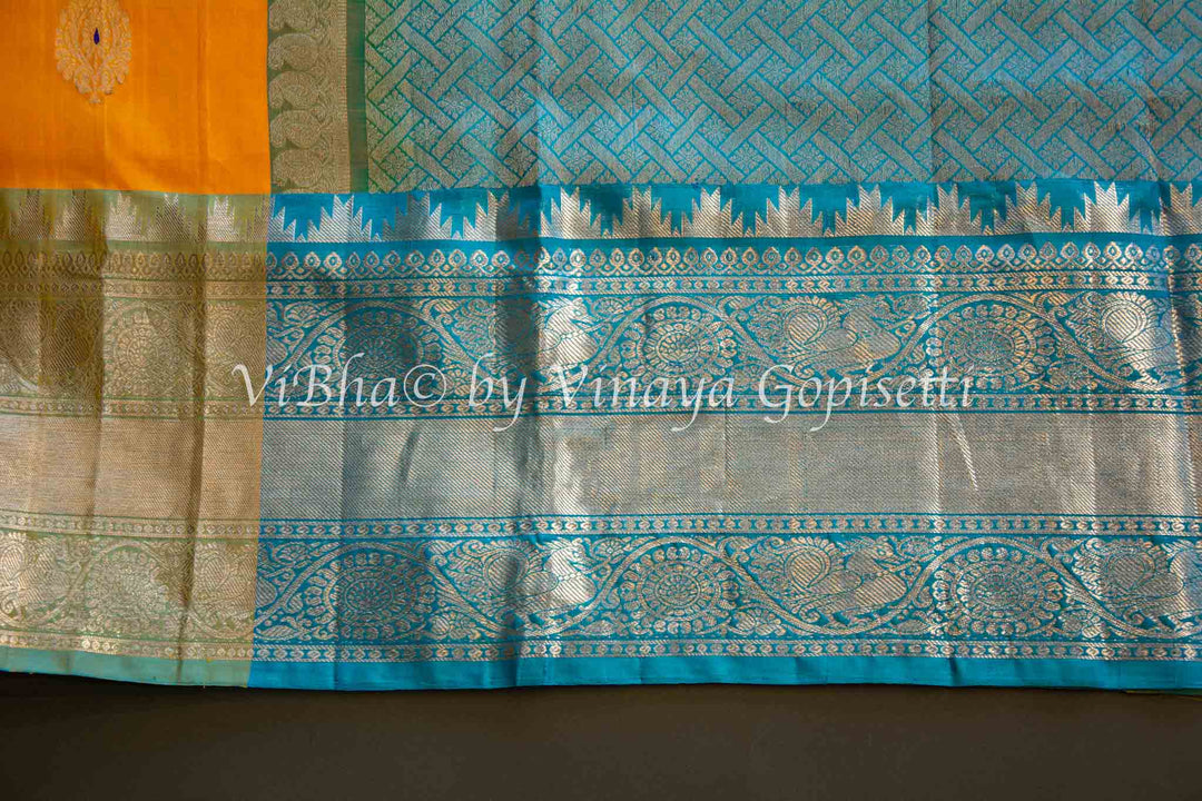 Yellow And Blue Venkatagiri Silk Saree And Blouse