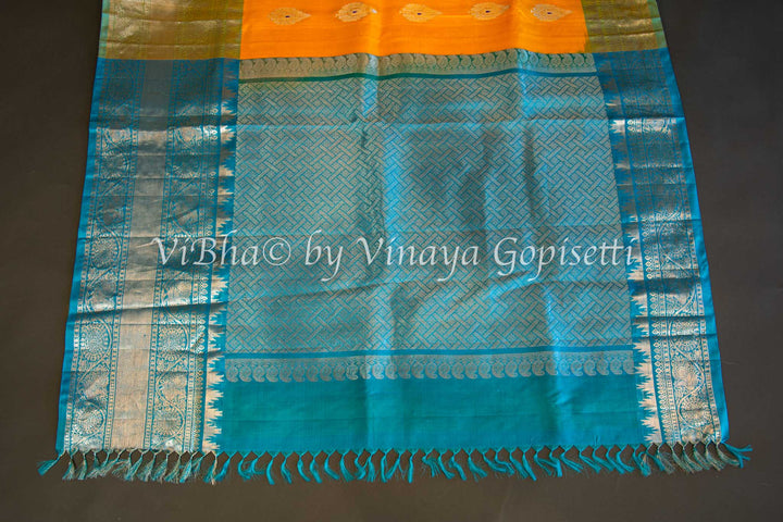 Yellow And Blue Venkatagiri Silk Saree And Blouse