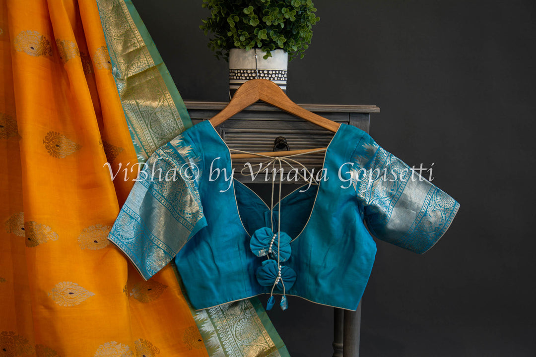 Yellow And Blue Venkatagiri Silk Saree And Blouse