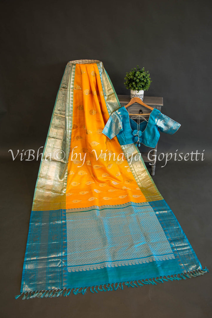 Yellow And Blue Venkatagiri Silk Saree And Blouse