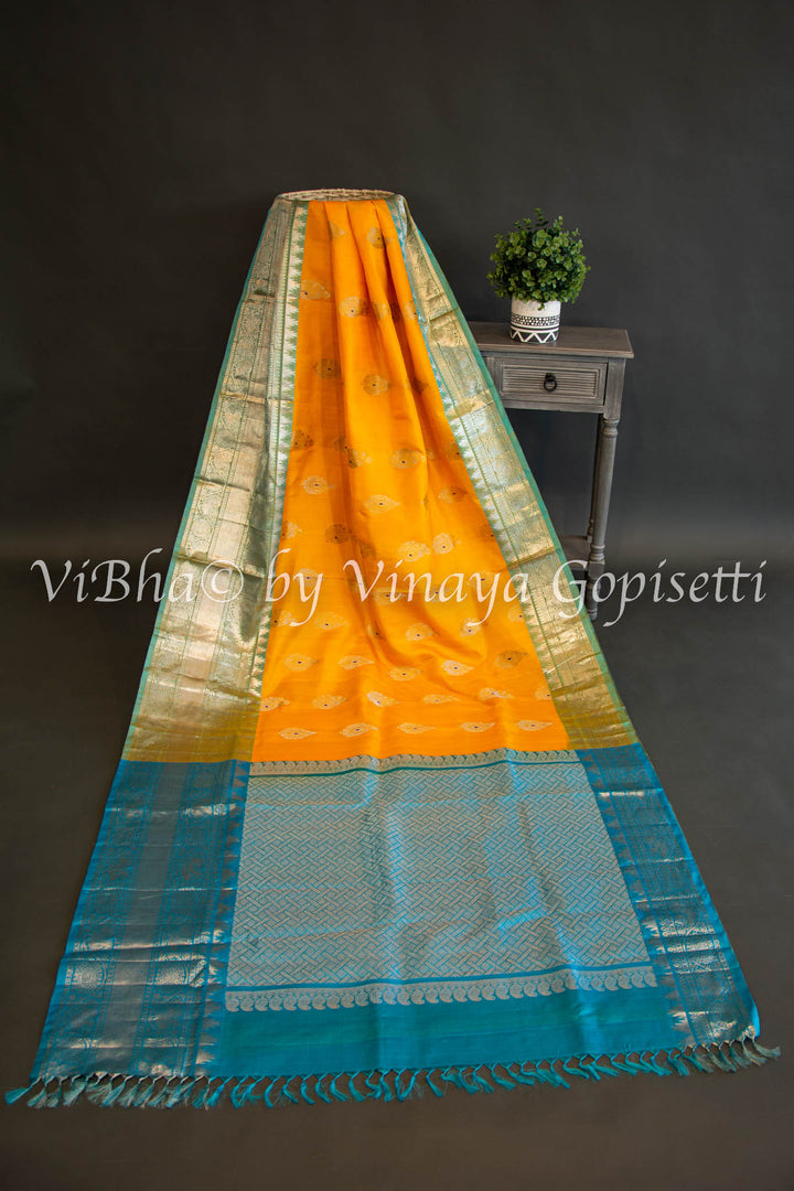 Yellow And Blue Venkatagiri Silk Saree And Blouse