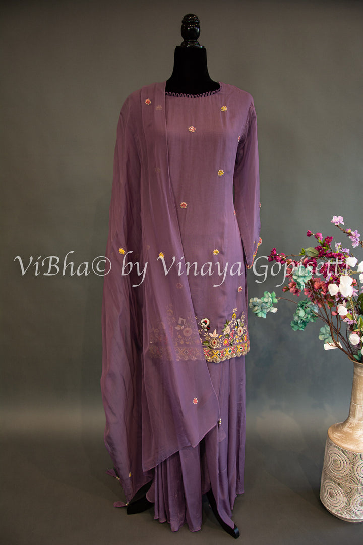 Dark Mauve Embroidered Sharara Set