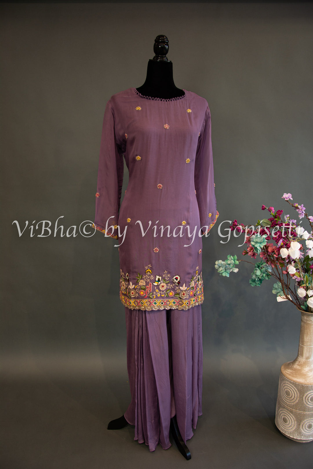 Dark Mauve Embroidered Sharara Set