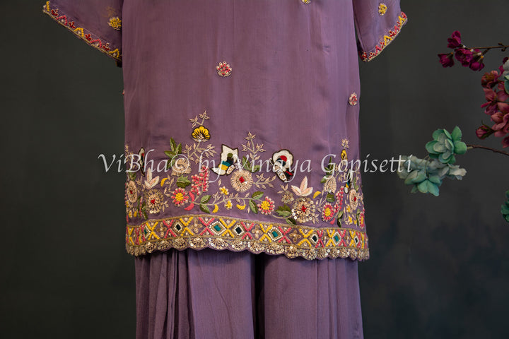 Dark Mauve Embroidered Sharara Set