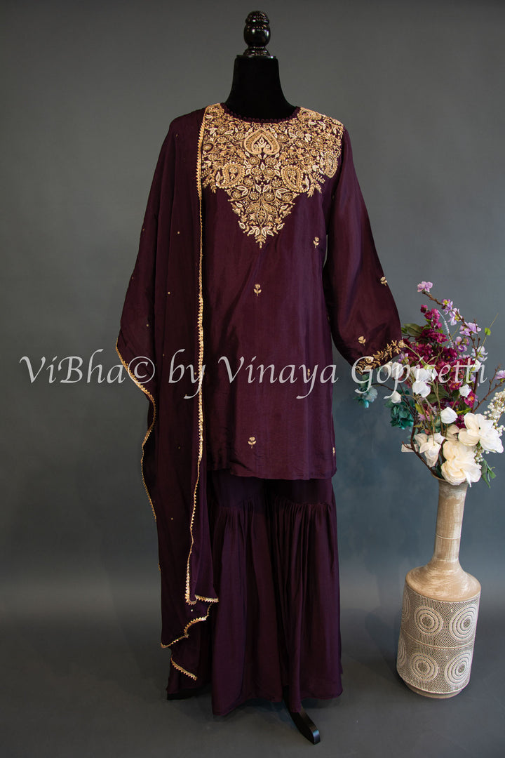 Dark Wine Embroidered Sharara Set