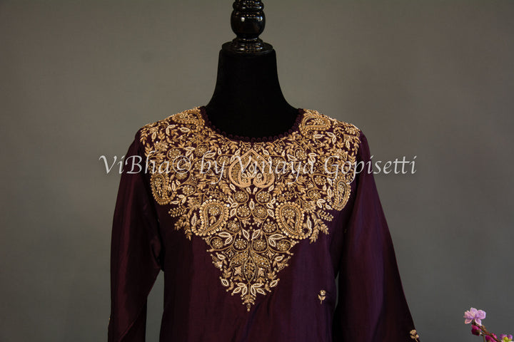 Dark Wine Embroidered Sharara Set