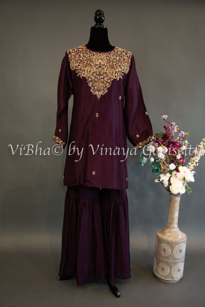 Dark Wine Embroidered Sharara Set