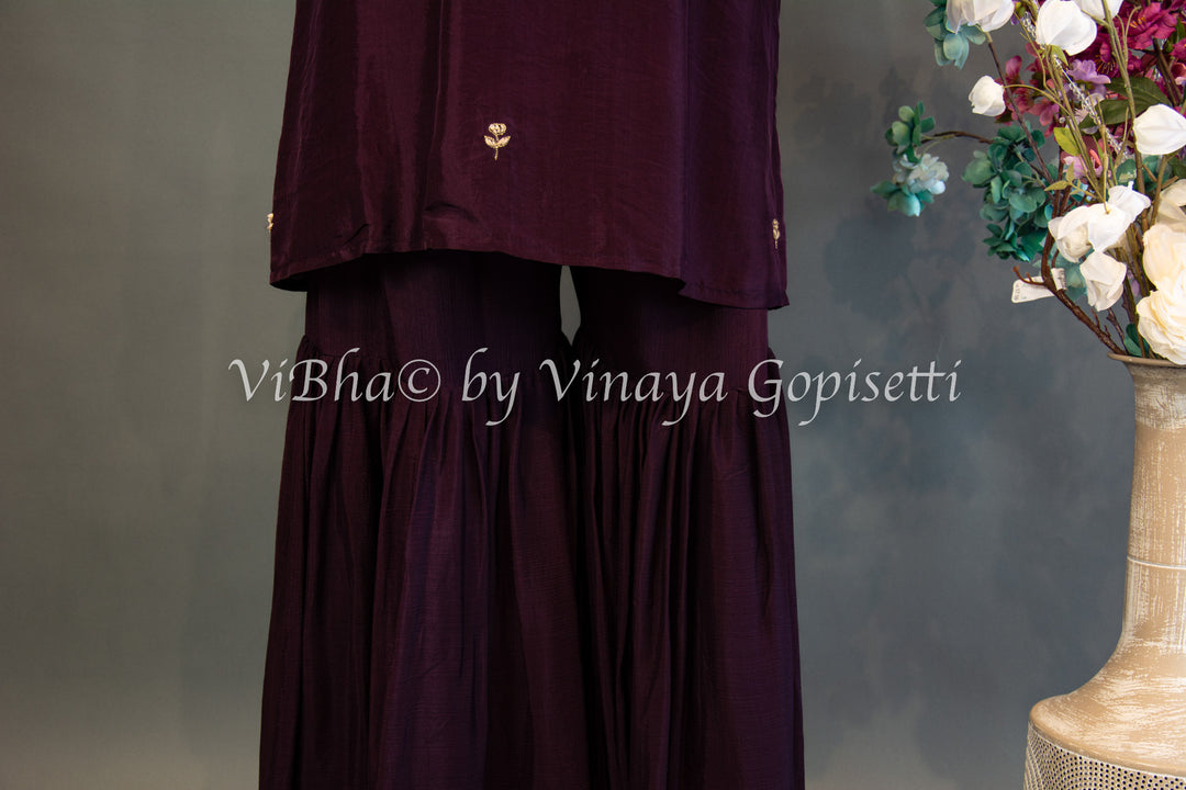 Dark Wine Embroidered Sharara Set