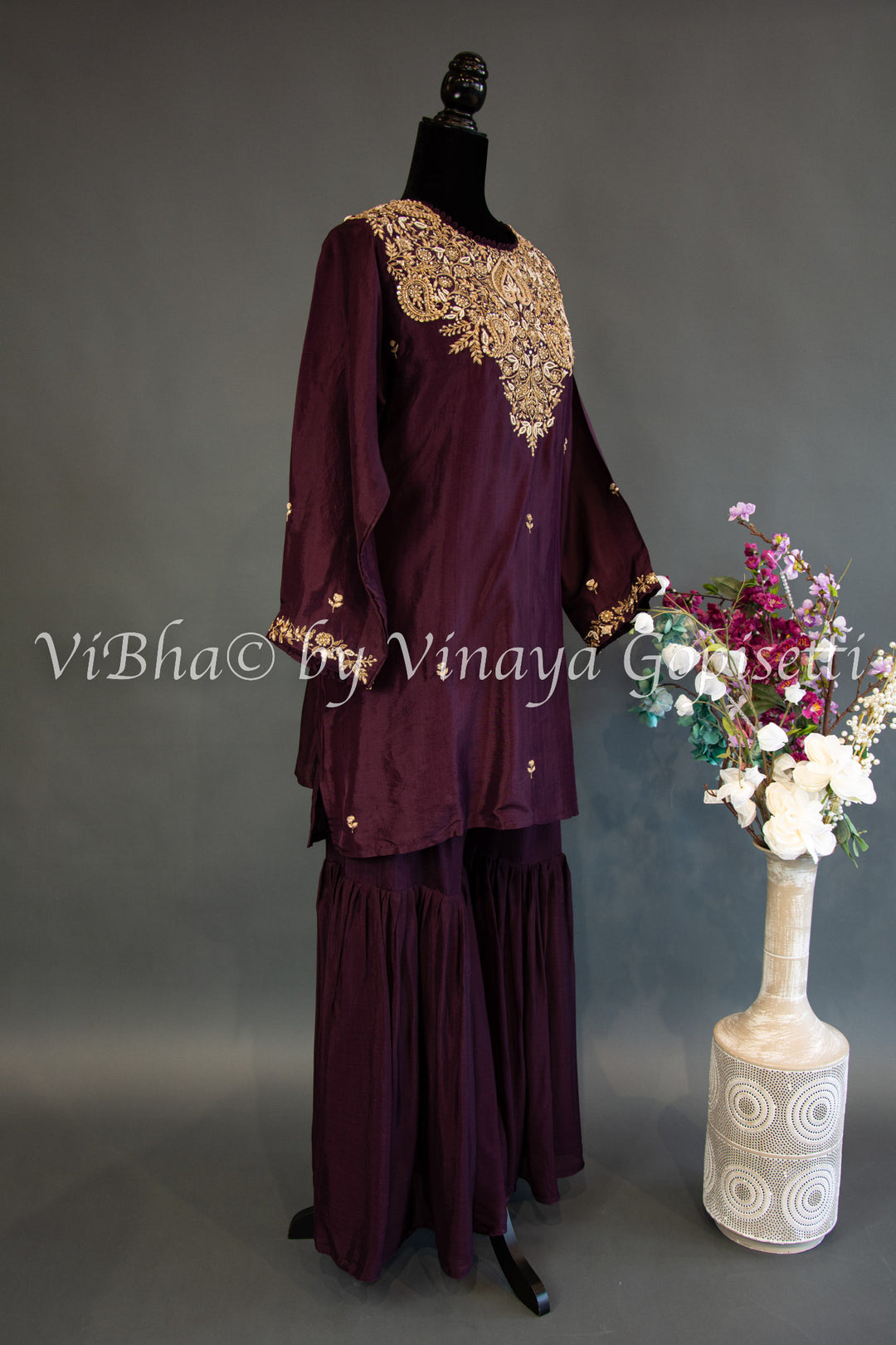 Dark Wine Embroidered Sharara Set