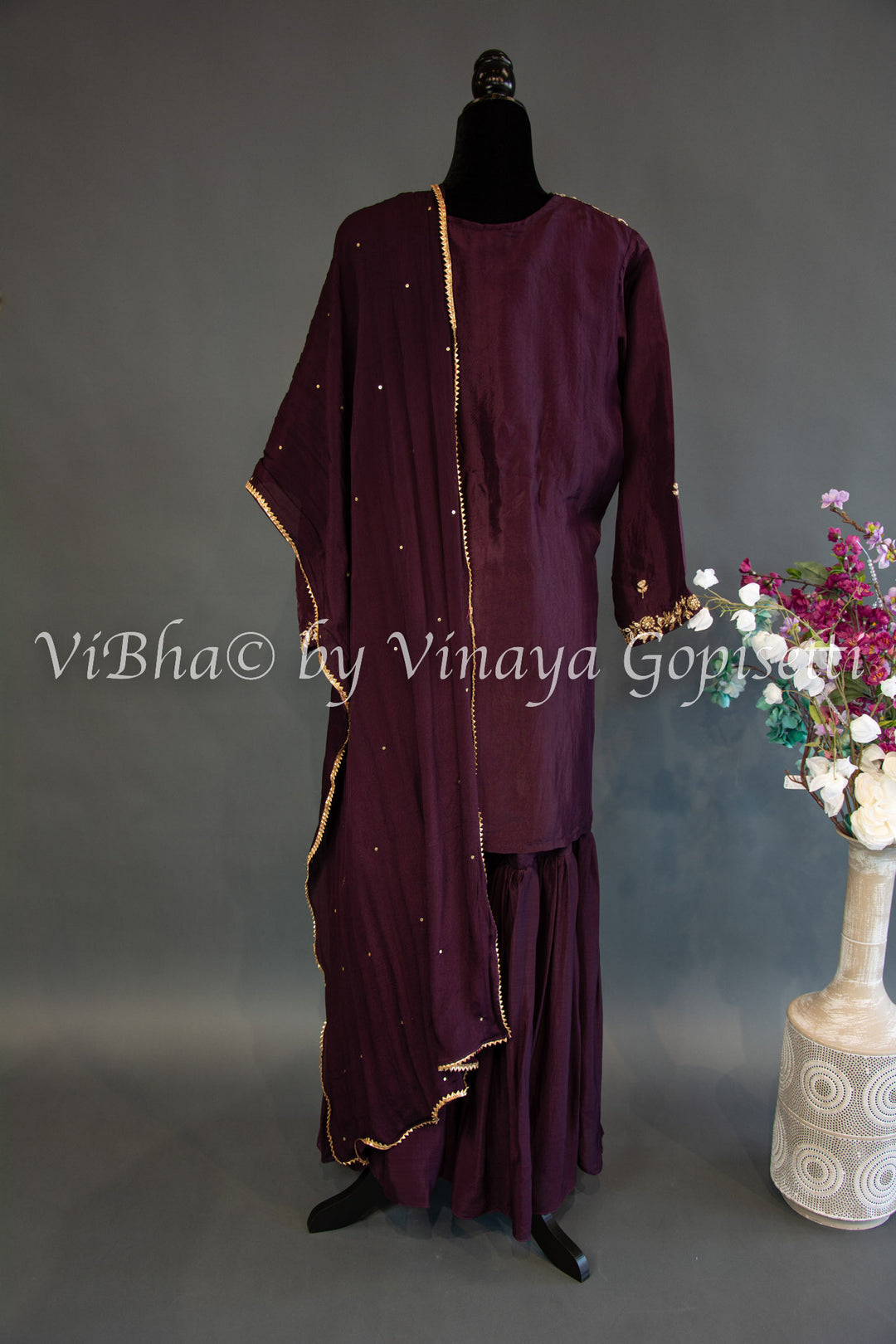 Dark Wine Embroidered Sharara Set