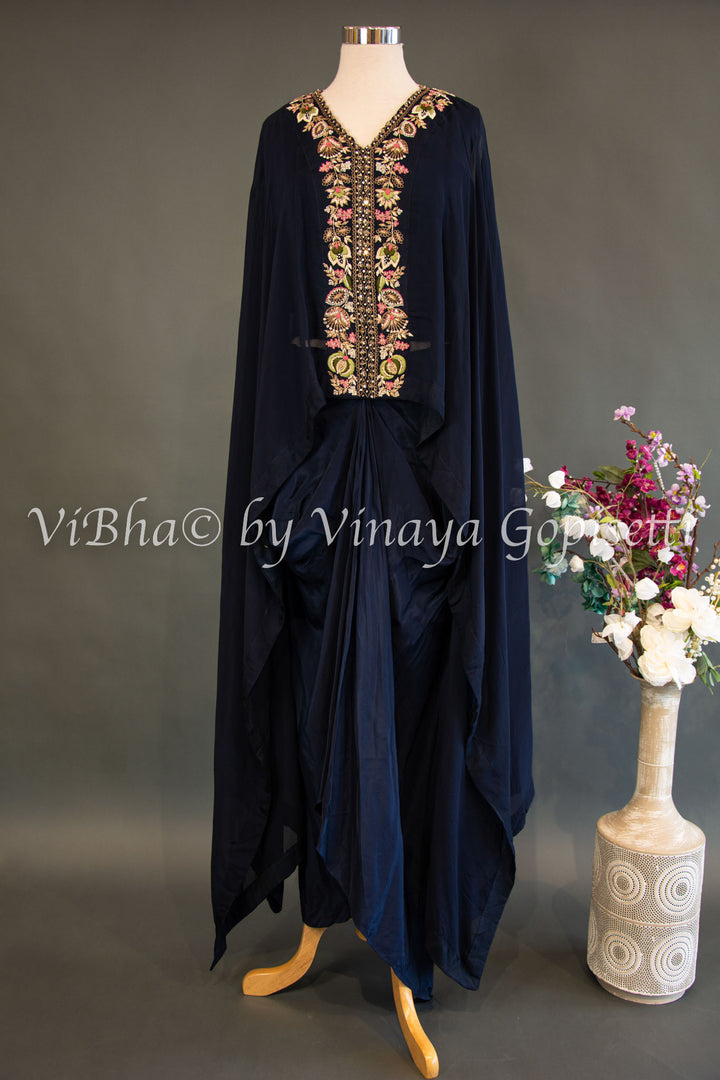 Navy Blue Cowl Skirt With Sleeveless Top And Detachable Embroidered Cape