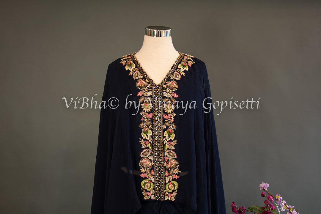 Navy Blue Cowl Skirt With Sleeveless Top And Detachable Embroidered Cape