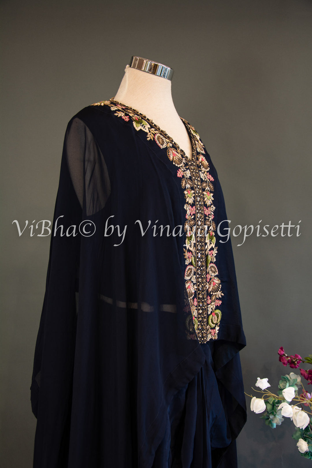 Navy Blue Cowl Skirt With Sleeveless Top And Detachable Embroidered Cape