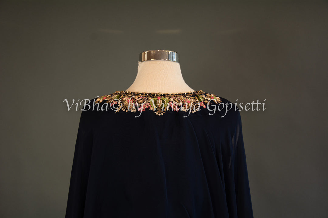 Navy Blue Cowl Skirt With Sleeveless Top And Detachable Embroidered Cape