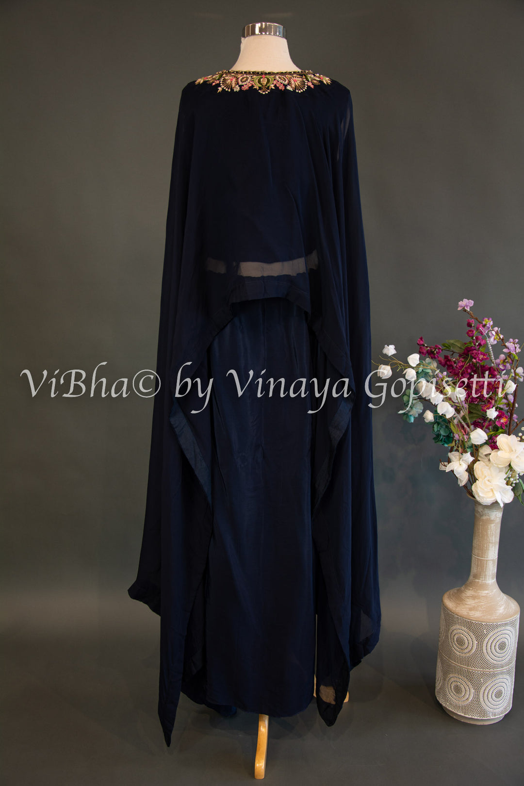 Navy Blue Cowl Skirt With Sleeveless Top And Detachable Embroidered Cape