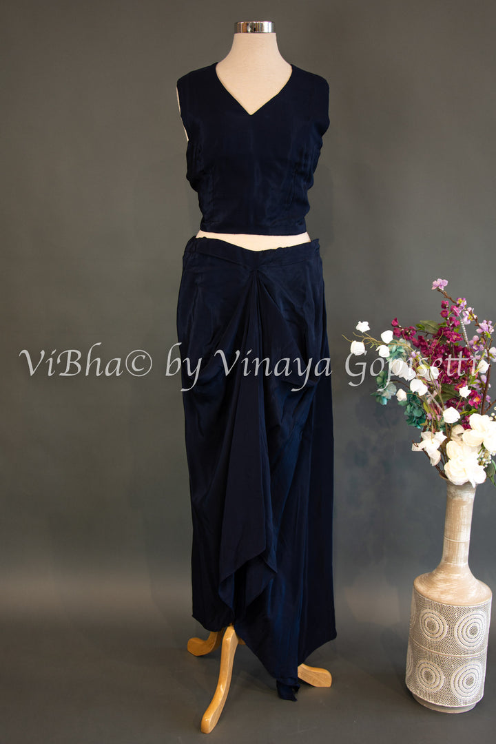 Navy Blue Cowl Skirt With Sleeveless Top And Detachable Embroidered Cape